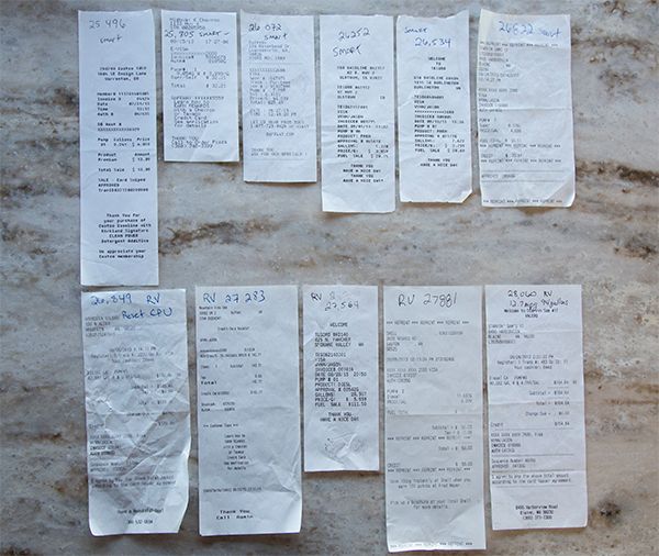 Fuel receipts for travel in RV and Smart Car in Washington State