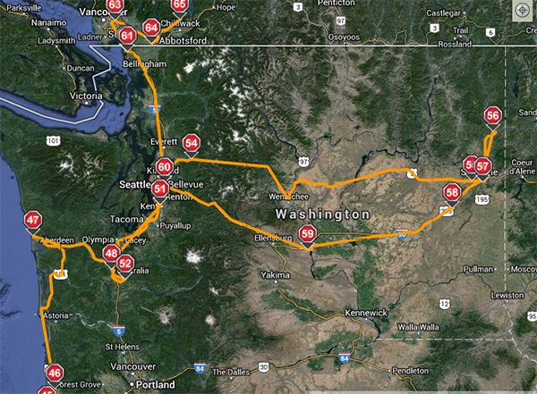 The route we drove the RV across Washington