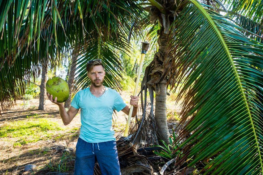 jason cutting down coconuts
