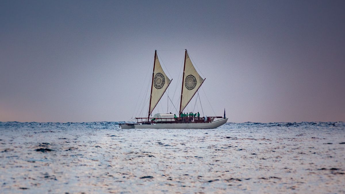 traditional polynesian vaka sailing in south pacific