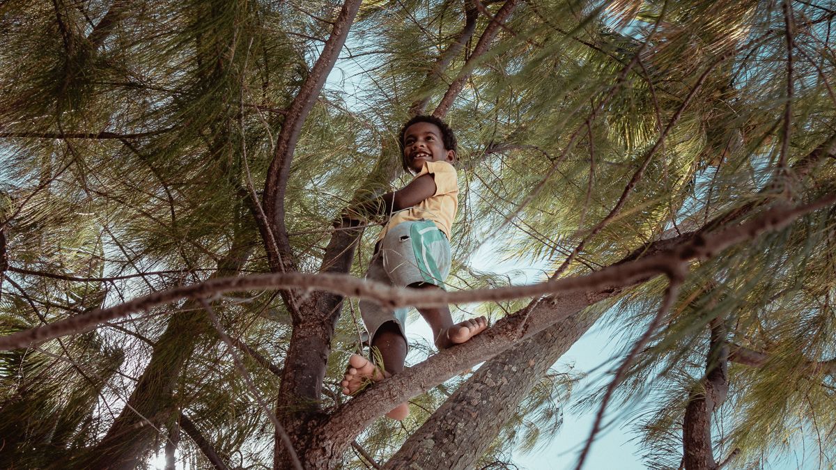 Henry, local native boy climbing tree on remote palmerston island, cook islands